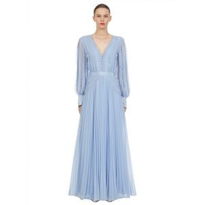 Self Portrait Chiffon Lace Trim Pleated Maxi Dress Light Blue Size 0